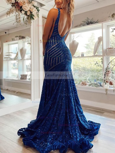 Trumpet/Mermaid V-neck Sequined Sweep Train Prom Dresses #Favs020112393