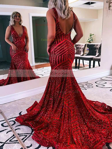 Trumpet/Mermaid V-neck Sequined Sweep Train Prom Dresses #Favs020112393