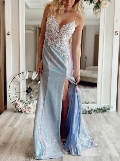 Sheath/Column V-neck Shimmer Crepe Sweep Train Prom Dresses With Split Front #Favs020112394