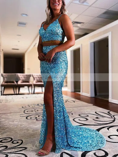 Trumpet/Mermaid V-neck Sequined Sweep Train Prom Dresses With Split Front #Favs020112402
