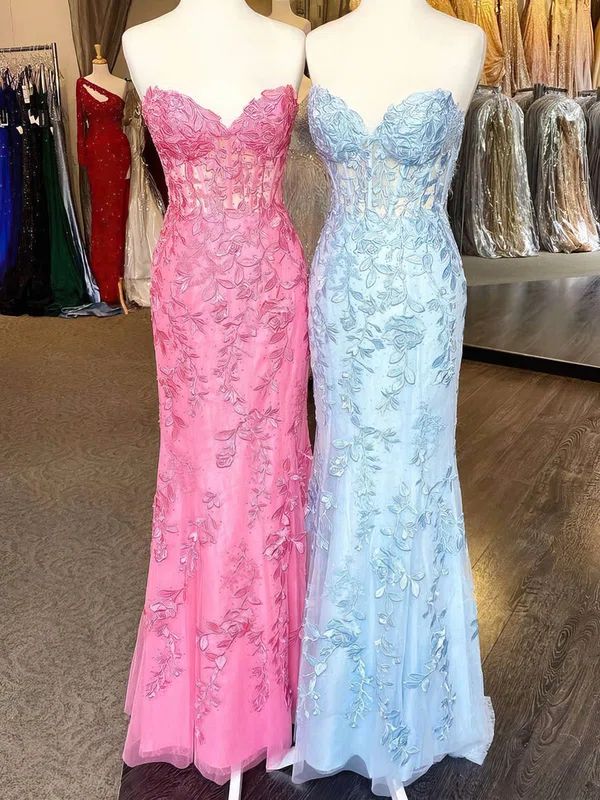 Sheath/Column Sweetheart Lace Tulle Floor-length Prom Dresses With Appliques Lace #Favs020112403