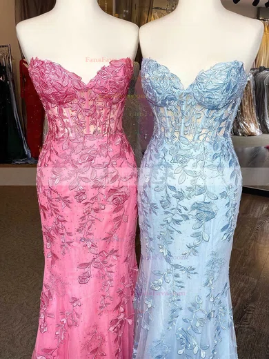 Sheath/Column Sweetheart Lace Tulle Floor-length Prom Dresses With Appliques Lace #Favs020112403