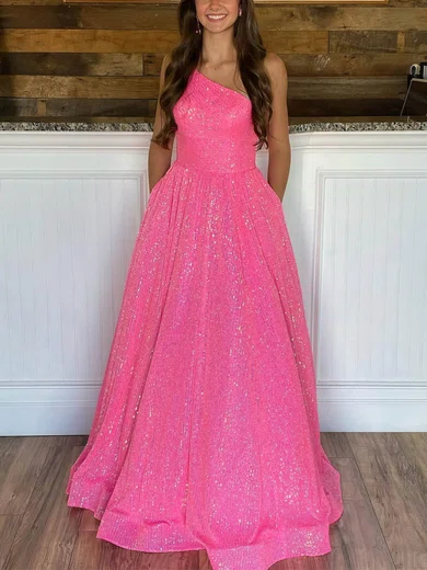 A-line One Shoulder Sequined Sweep Train Prom Dresses With Pockets #Favs020112404