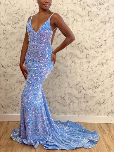 Trumpet/Mermaid V-neck Sequined Sweep Train Prom Dresses #Favs020112413