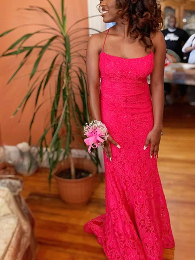 Trumpet/Mermaid Scoop Neck Lace Sweep Train Prom Dresses #Favs020112431