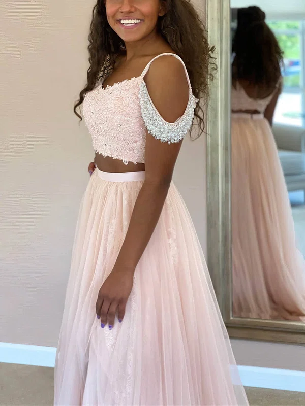 A-line V-neck Lace Tulle Sweep Train Prom Dresses With Appliques Lace #Favs020112432