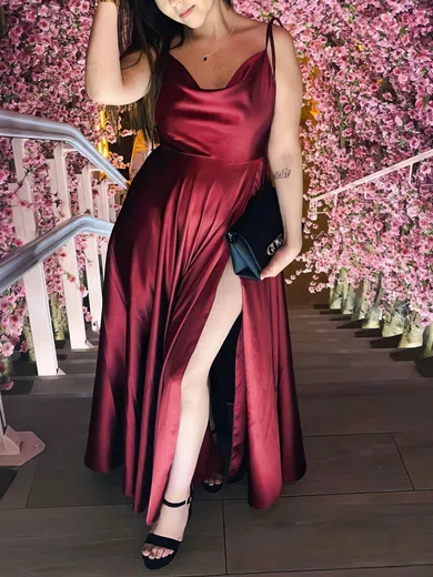 A-line Cowl Neck Silk-like Satin Sweep Train Prom Dresses With Split Front #Favs020112447