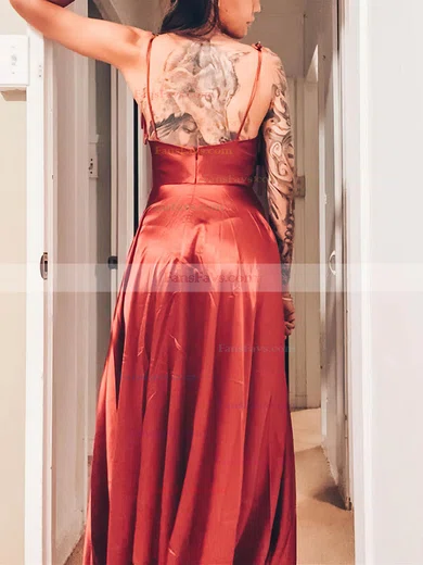 A-line Cowl Neck Silk-like Satin Sweep Train Prom Dresses With Split Front #Favs020112447