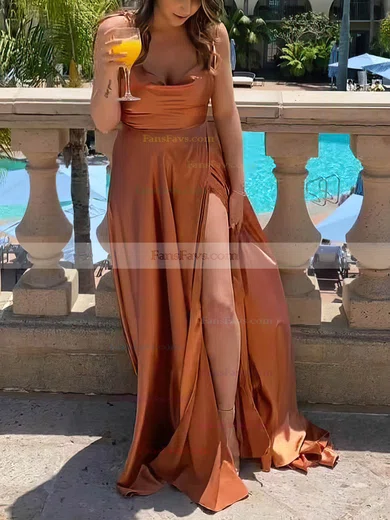 A-line Cowl Neck Silk-like Satin Sweep Train Prom Dresses With Split Front #Favs020112447