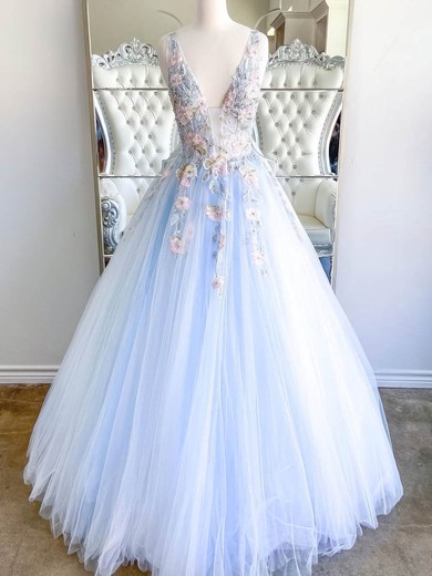 A-line V-neck Lace Tulle Floor-length Prom Dresses With Flower(s) #Favs020112452
