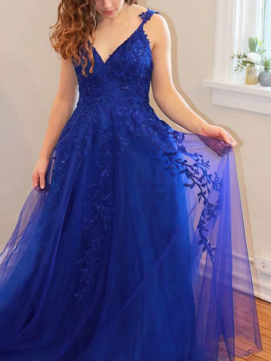 A-line V-neck Lace Tulle Sweep Train Prom Dresses With Pockets #Favs020112474