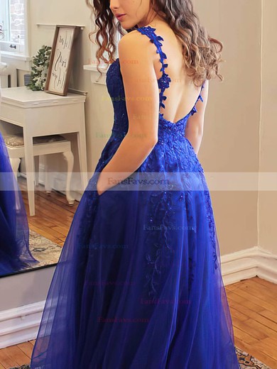 A-line V-neck Lace Tulle Sweep Train Prom Dresses With Pockets #Favs020112474