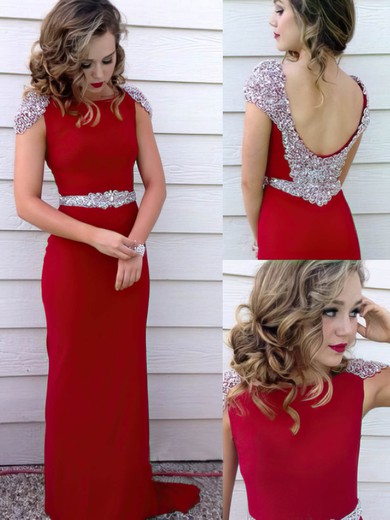 Red Sheath/Column Silk-like Satin Appliques Lace with Cap Straps Gorgeous Prom Dress #Favs02019924