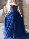 A-line Off-the-shoulder Tulle Sweep Train Prom Dresses With Beading #Favs020112490