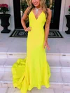 Trumpet/Mermaid V-neck Jersey Sweep Train Prom Dresses With Ruffles #Favs020112492