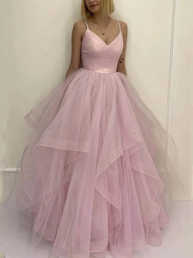 Ball Gown V-neck Tulle Sweep Train Prom Dresses With Ruffles #Favs020112495