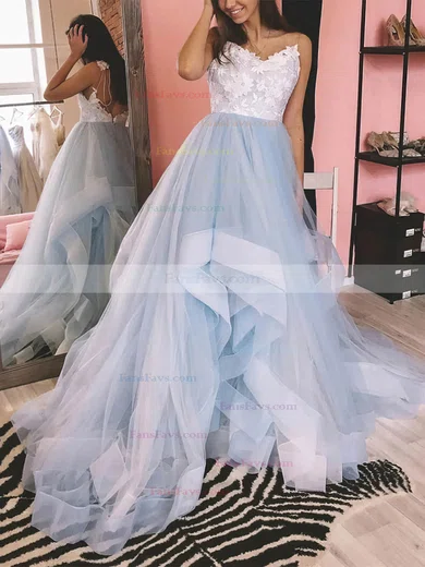 Ball Gown V-neck Tulle Sweep Train Prom Dresses With Appliques Lace #Favs020112498