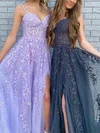 A-line V-neck Tulle Sweep Train Prom Dresses With Split Front #Favs020112505