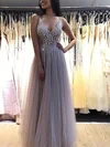 A-line V-neck Tulle Floor-length Prom Dresses With Beading #Favs020112513