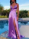 A-line V-neck Silk-like Satin Sweep Train Prom Dresses With Split Front #Favs020112516