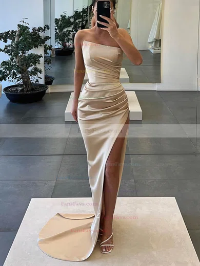 Sheath/Column Strapless Silk-like Satin Sweep Train Prom Dresses With Split Front #Favs020112518