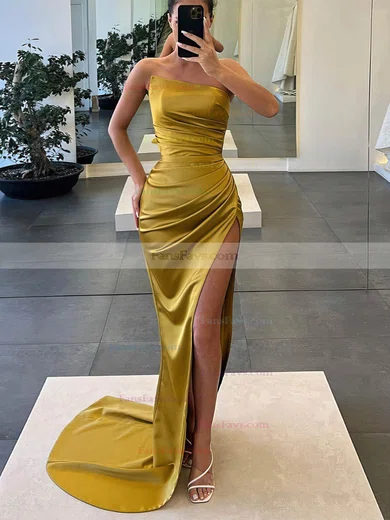 Sheath/Column Strapless Silk-like Satin Sweep Train Prom Dresses With Split Front #Favs020112518