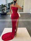 Sheath/Column Strapless Silk-like Satin Sweep Train Prom Dresses With Split Front #Favs020112518