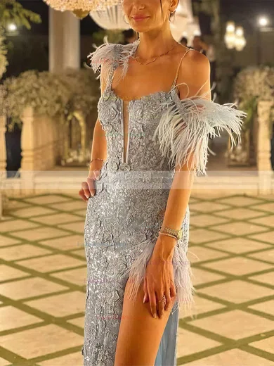 Sheath/Column V-neck Lace Floor-length Prom Dresses With Feathers / Fur #Favs020112535
