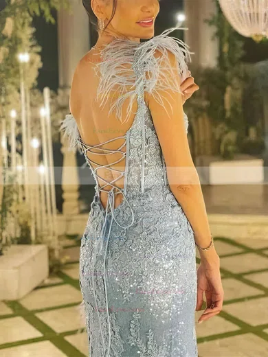 Sheath/Column V-neck Lace Floor-length Prom Dresses With Feathers / Fur #Favs020112535