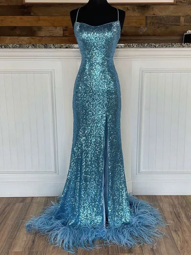 Sheath/Column Scoop Neck Sequined Sweep Train Prom Dresses With Split Front #Favs020112539