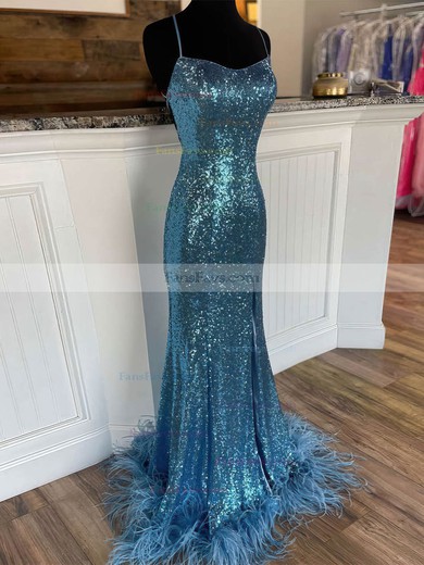 Sheath/Column Scoop Neck Sequined Sweep Train Prom Dresses With Split Front #Favs020112539