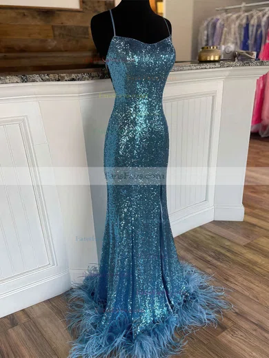 Sheath/Column Scoop Neck Sequined Sweep Train Prom Dresses With Split Front #Favs020112539