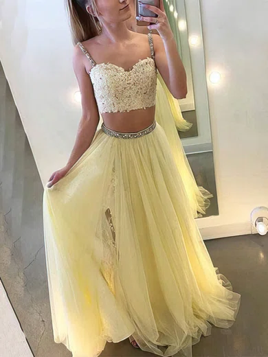 A-line Sweetheart Lace Tulle Floor-length Prom Dresses With Split Front #Favs020112552