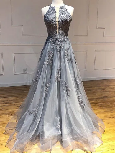 A-line Square Neckline Tulle Sweep Train Prom Dresses With Appliques Lace #Favs020112553