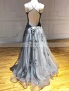 A-line Square Neckline Tulle Sweep Train Prom Dresses With Appliques Lace #Favs020112553