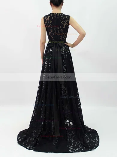 A-line Scoop Neck Lace Asymmetrical Sashes / Ribbons Prom Dresses #Favs020101207