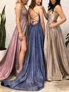 A-line Scoop Neck Shimmer Crepe Sweep Train Prom Dresses With Split Front #Favs020112596