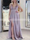 A-line V-neck Silk-like Satin Sweep Train Prom Dresses With Split Front #Favs020112604