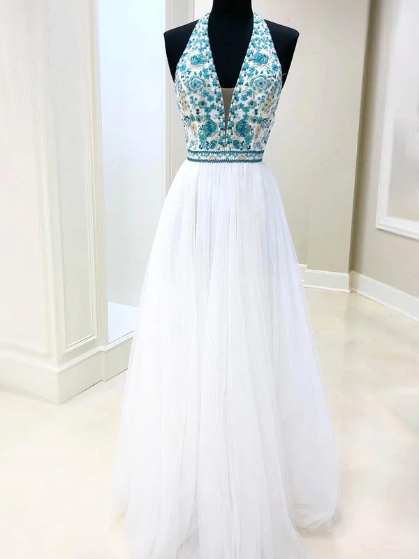 A-line Halter Tulle Lace Floor-length Prom Dresses With Appliques Lace #Favs020112607