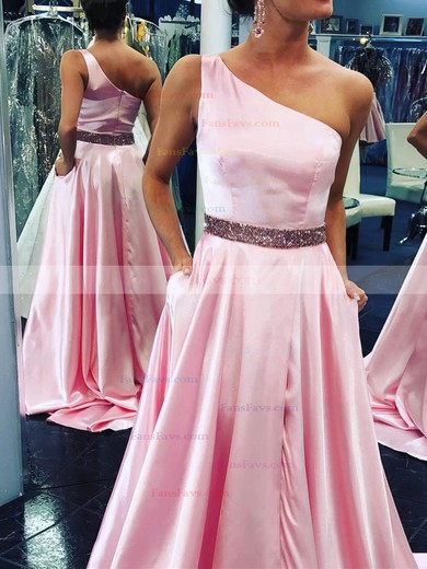 A-line One Shoulder Silk-like Satin Sweep Train Prom Dresses With Split Front #Favs020112635