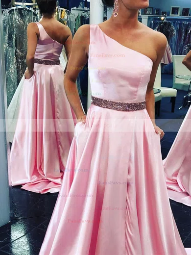 A-line One Shoulder Silk-like Satin Sweep Train Prom Dresses With Split Front #Favs020112635