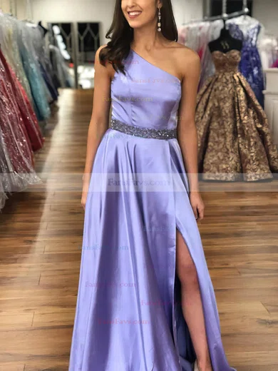 A-line One Shoulder Silk-like Satin Sweep Train Prom Dresses With Split Front #Favs020112635