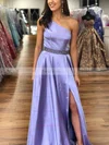 A-line One Shoulder Silk-like Satin Sweep Train Prom Dresses With Split Front #Favs020112635