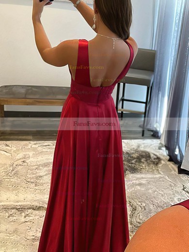 A-line V-neck Silk-like Satin Floor-length Prom Dresses With Split Front #Favs020112692