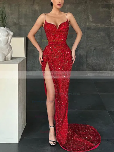 Sheath/Column V-neck Sequined Sweep Train Prom Dresses With Split Front #Favs020112708