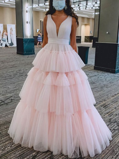 A-line V-neck Tulle Floor-length Prom Dresses With Ruffles #Favs020112736