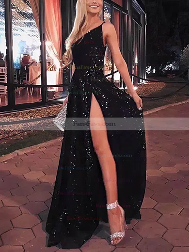 A-line One Shoulder Sequined Floor-length Prom Dresses With Split Front #Favs020112746