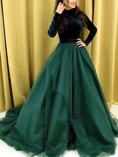 Ball Gown High Neck Tulle Velvet Sweep Train Prom Dresses #Favs020112760