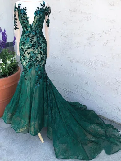 Trumpet/Mermaid Scoop Neck Lace Tulle Sweep Train Prom Dresses With Appliques Lace #Favs020112768