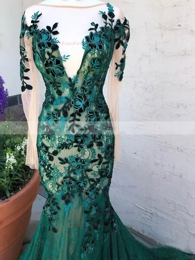 Trumpet/Mermaid Scoop Neck Lace Tulle Sweep Train Prom Dresses With Appliques Lace #Favs020112768